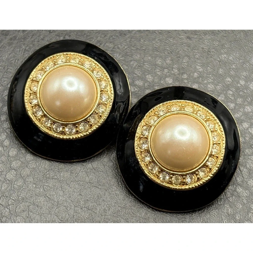 Vintage 80s Runway Black Enamel Faux Pearl Crystal Gold Tone Clip Earrings